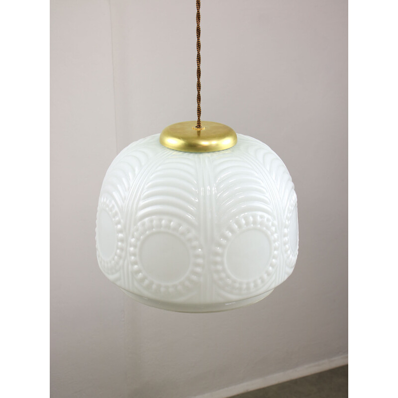 Vintage pendant lamp in brass and opaline glass, Italy 1950