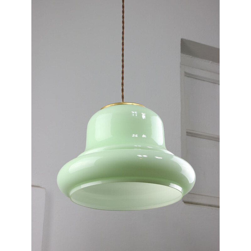 Vintage pendant lamp in brass and green glass, Italy 1960