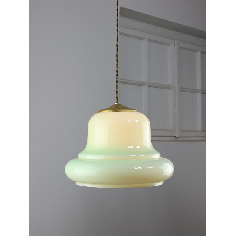 Vintage pendant lamp in brass and green glass, Italy 1960