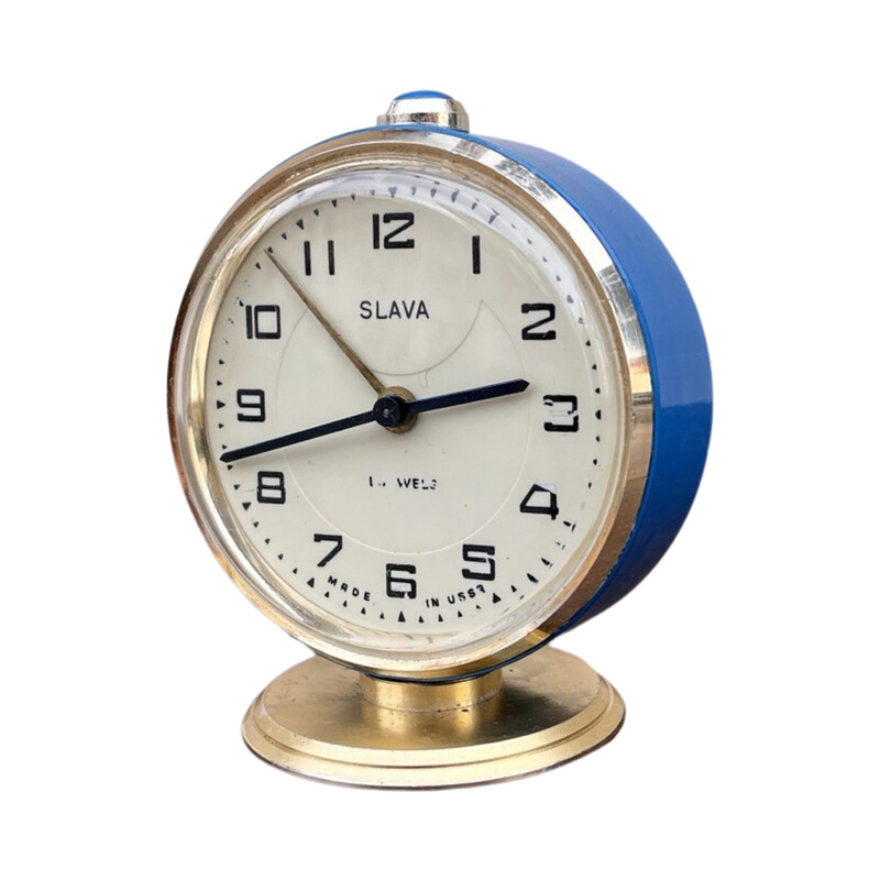 Vintage mechanical alarm clock in brass and glass for Slava, USSR 1960