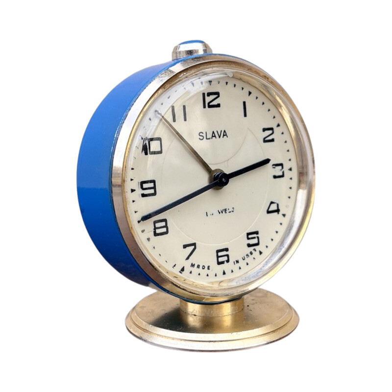 Vintage mechanical alarm clock in brass and glass for Slava, USSR 1960