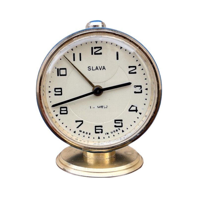 Reloj despertador mecánico vintage de latón y cristal para Slava, URSS 1960