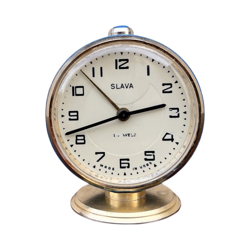 Vintage mechanical alarm clock in brass and glass for Slava, USSR 1960