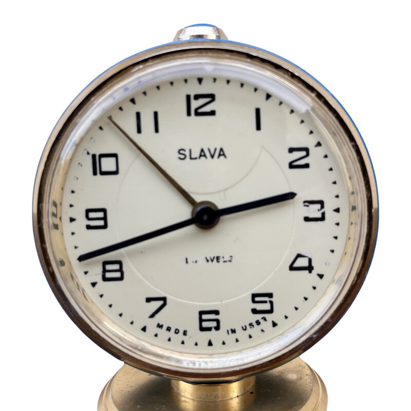 Reloj despertador mecánico vintage de latón y cristal para Slava, URSS 1960