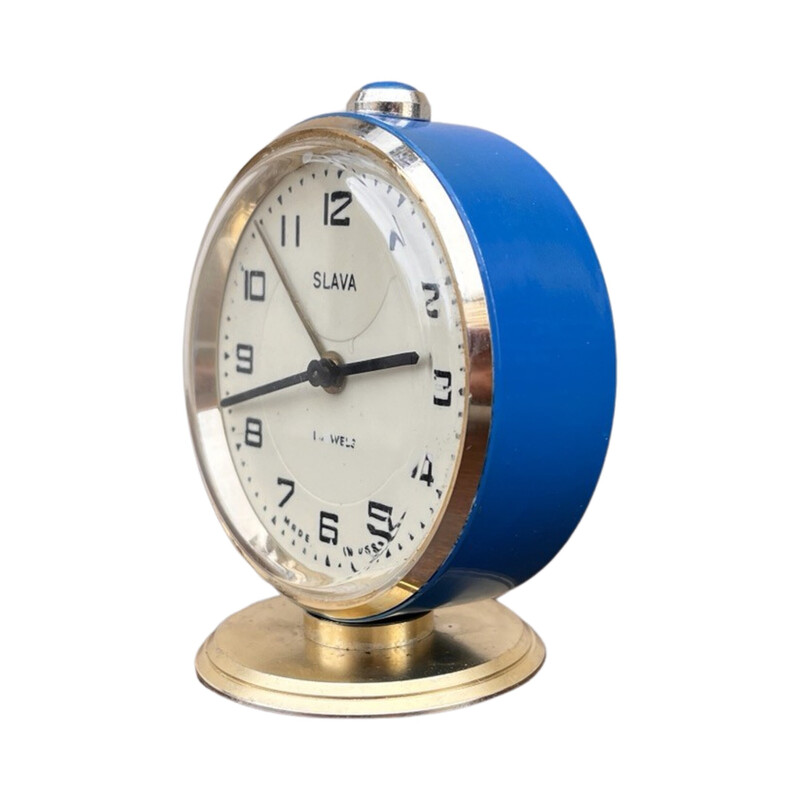 Vintage mechanical alarm clock in brass and glass for Slava, USSR 1960