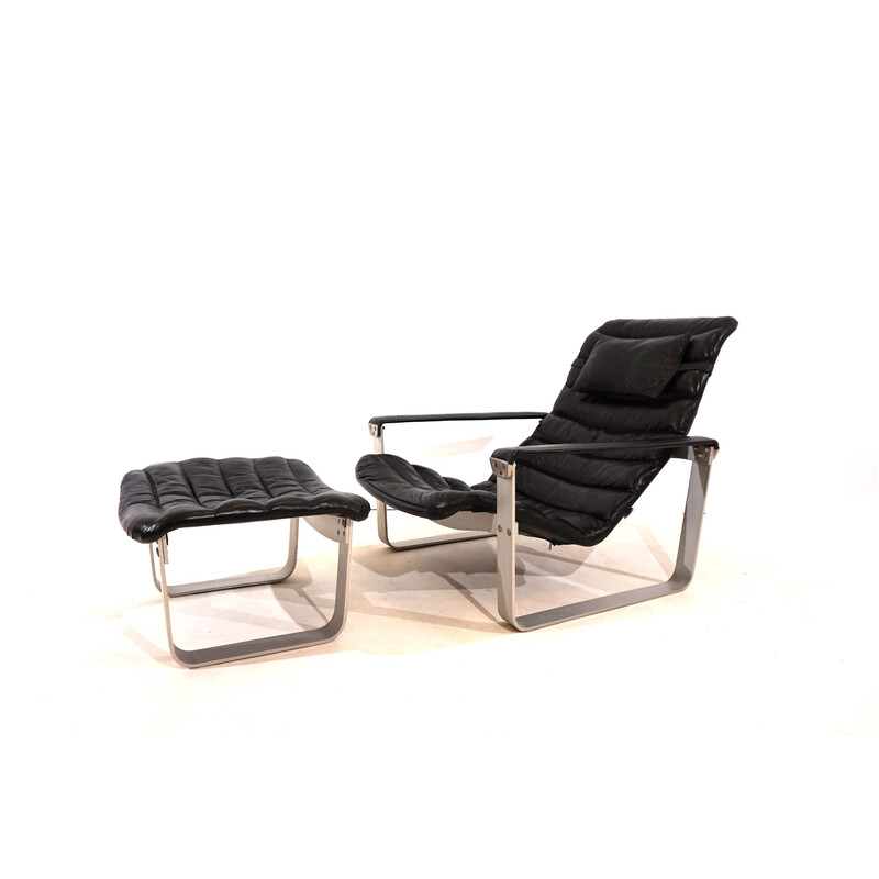 Vintage Pulkka armchair with black leather ottoman by Ilmari Lappalainen for Asko, Finland 1960