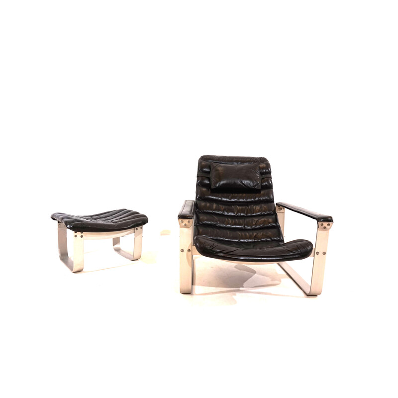 Vintage Pulkka armchair with black leather ottoman by Ilmari Lappalainen for Asko, Finland 1960