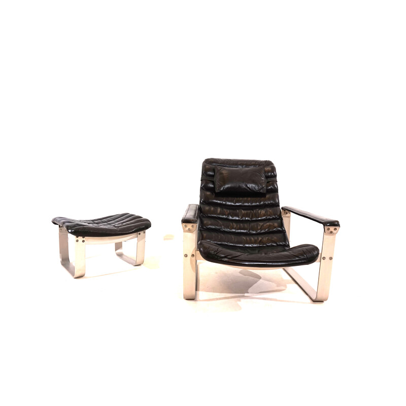 Vintage Pulkka fauteuil met zwart leren voetenbankje van Ilmari Lappalainen voor Asko, Finland 1960