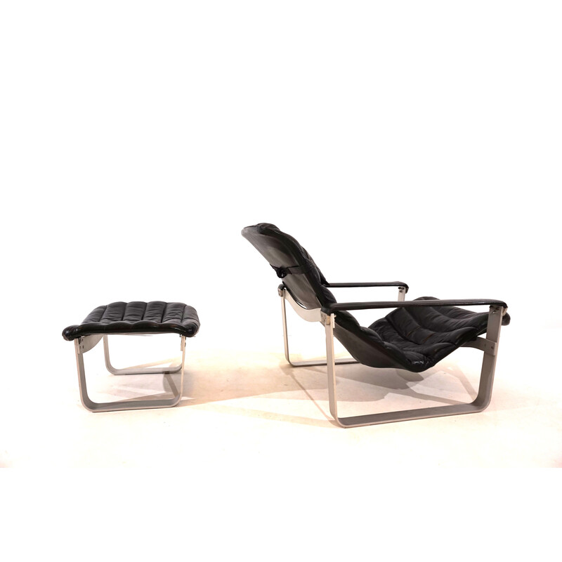 Vintage Pulkka fauteuil met zwart leren voetenbankje van Ilmari Lappalainen voor Asko, Finland 1960