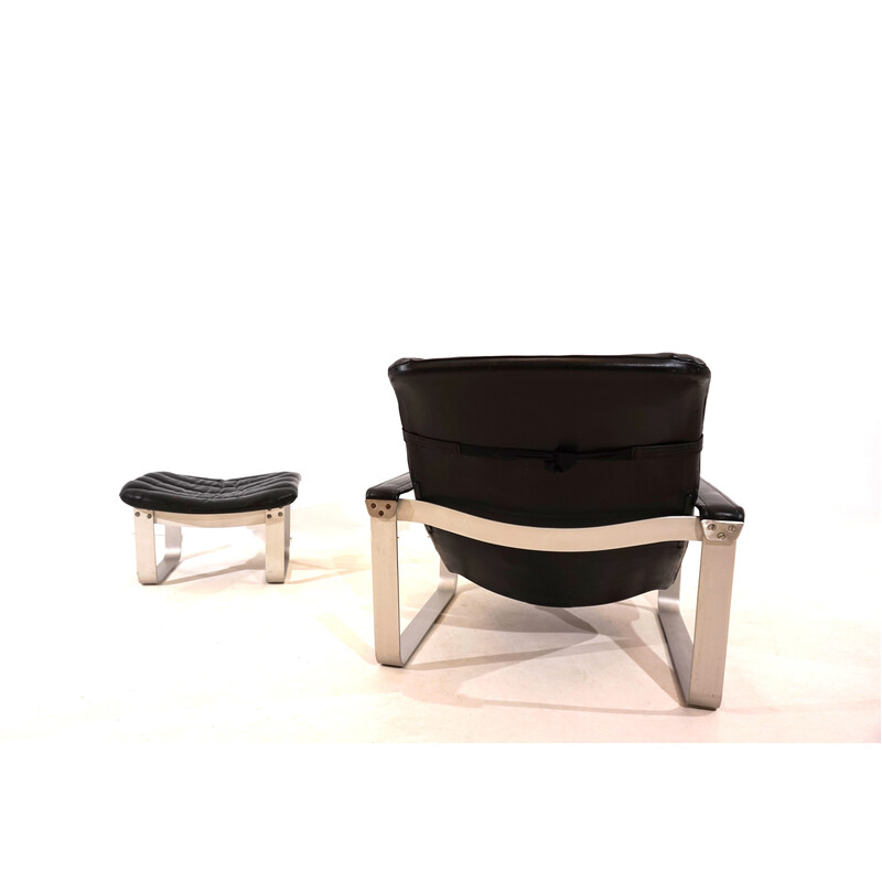 Vintage Pulkka armchair with black leather ottoman by Ilmari Lappalainen for Asko, Finland 1960