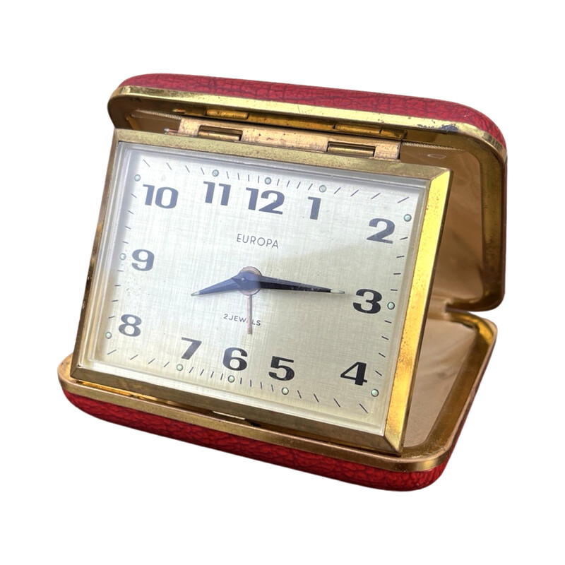 Vintage red mechanical travel alarm clock for Europa, Germany 1950