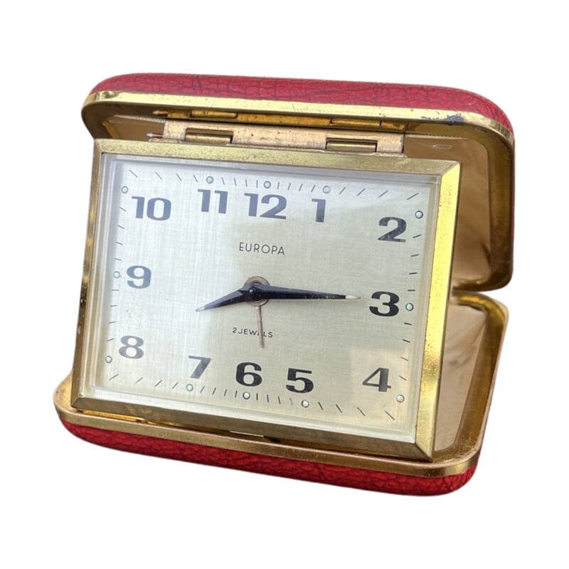 Vintage red mechanical travel alarm clock for Europa, Germany 1950