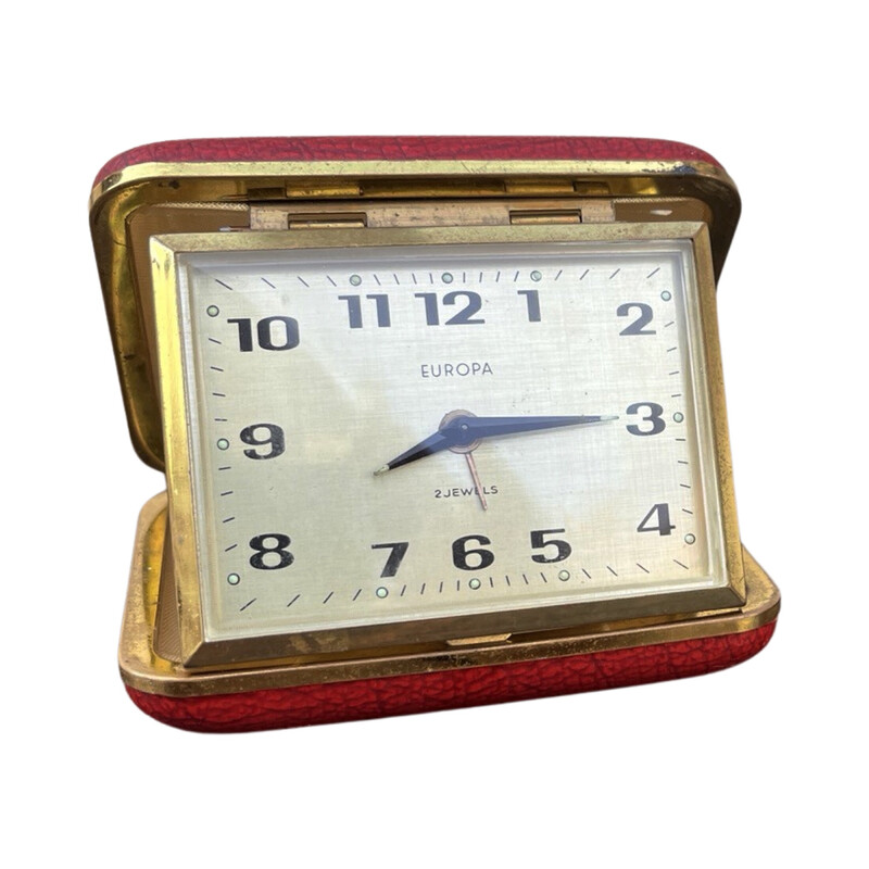 Vintage red mechanical travel alarm clock for Europa, Germany 1950