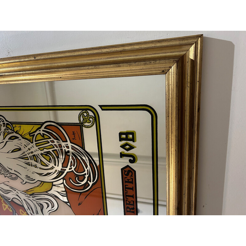 Specchio vintage con cornice in legno dorato di Alphonse Mucha per Job, 1970