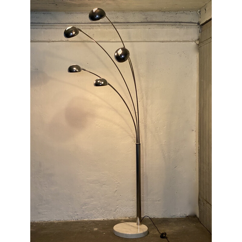 Vintage Space Age floor lamp in chrome metal and white marble with 5 arms by G.Reggiani, 1970