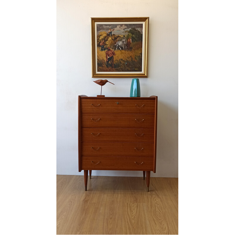 Vintage teak and brass chest of drawers with 5 drawers, Norway 1960