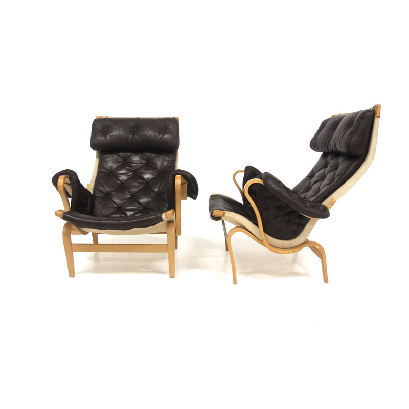 Pair of vintage "Pernilla 69" armchairs in oak and black leather by Bruno Mathsson for Karl Mathsson, Sweden 1960