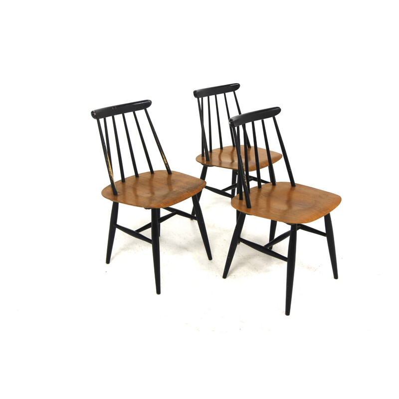 Conjunto de 3 cadeiras vintage em teca e faia "Fanett" de Ilmari Tapiovaara para Edsbyverken, Suécia 1960