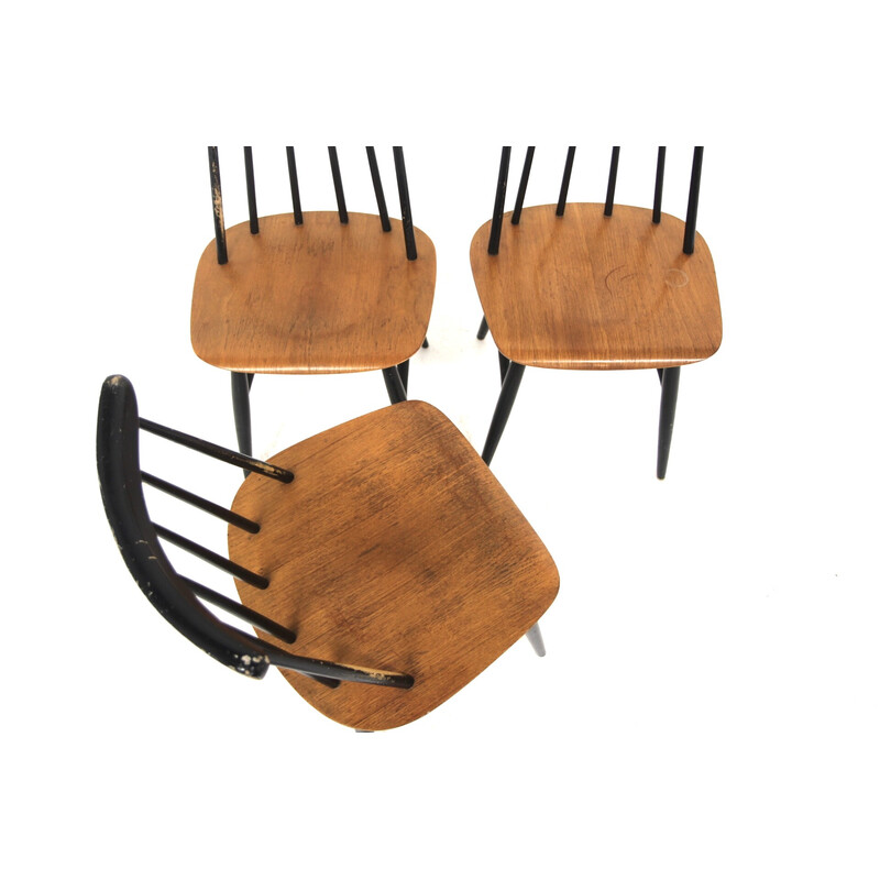 Conjunto de 3 cadeiras vintage em teca e faia "Fanett" de Ilmari Tapiovaara para Edsbyverken, Suécia 1960