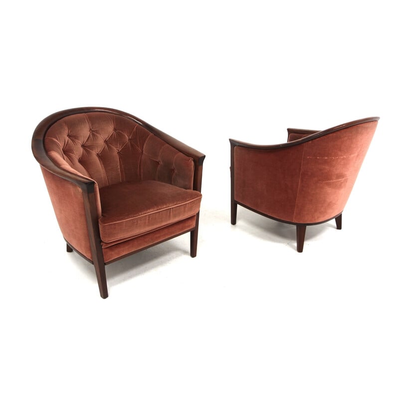 Pair of vintage "Fabiola" armchairs in mahogany and velvet for Bröderna Andersson, Sweden 1960