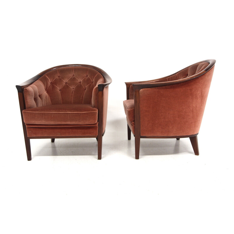 Pair of vintage "Fabiola" armchairs in mahogany and velvet for Bröderna Andersson, Sweden 1960