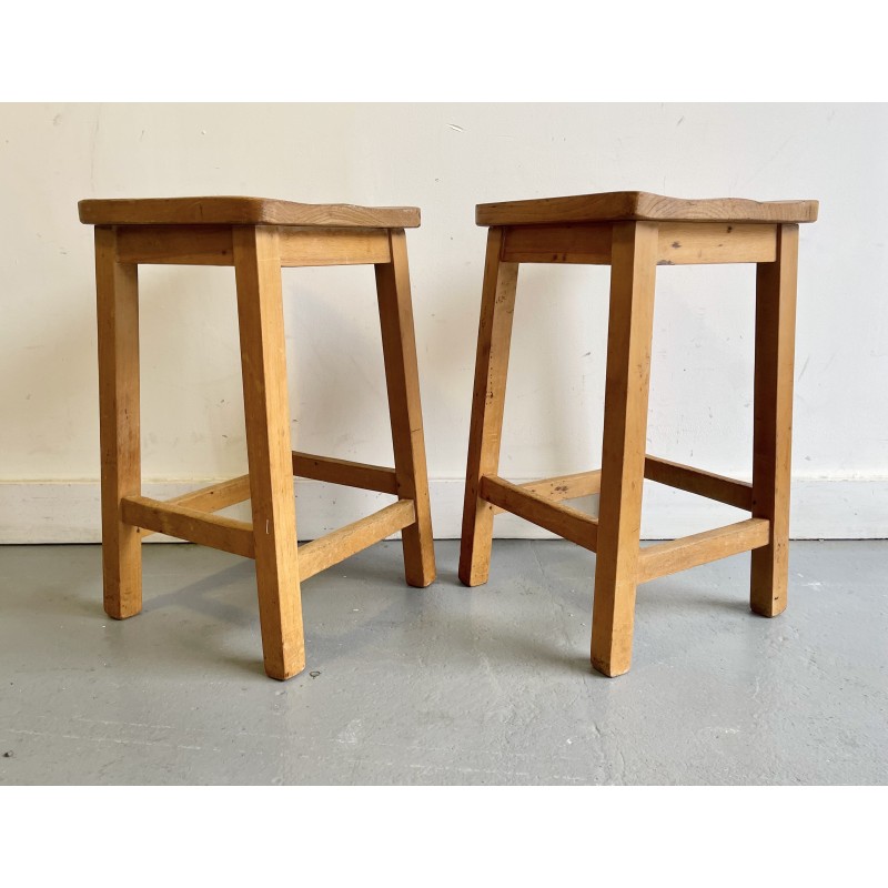 Pair of vintage solid oak laboratory stools, UK