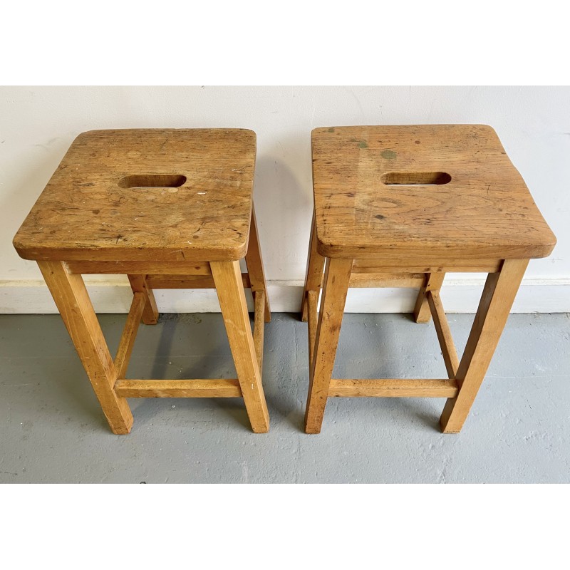Pair of vintage solid oak laboratory stools, UK