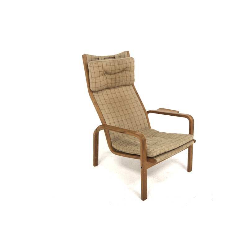 Fauteuil vintage en chêne et tissu par Yngve Ekström pour Swedese, Suède 1970