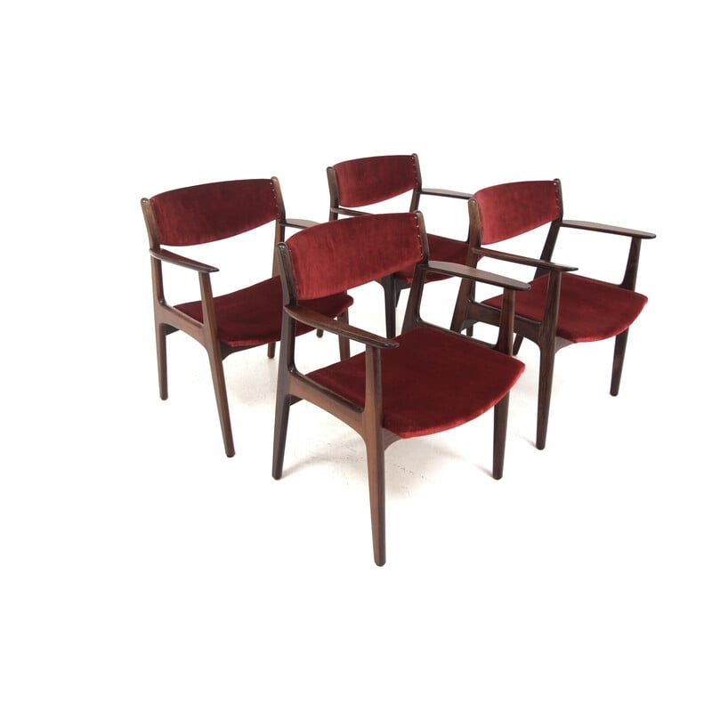 Lot de 4 chaises vintage en palissandre et velours par Henning Kjaernulf pour Sorø Stolefabrik, Danemark 1960