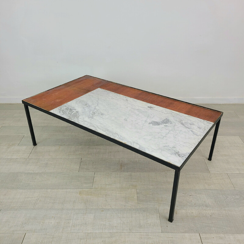 Table basse vintage en marbre et teck, 1960