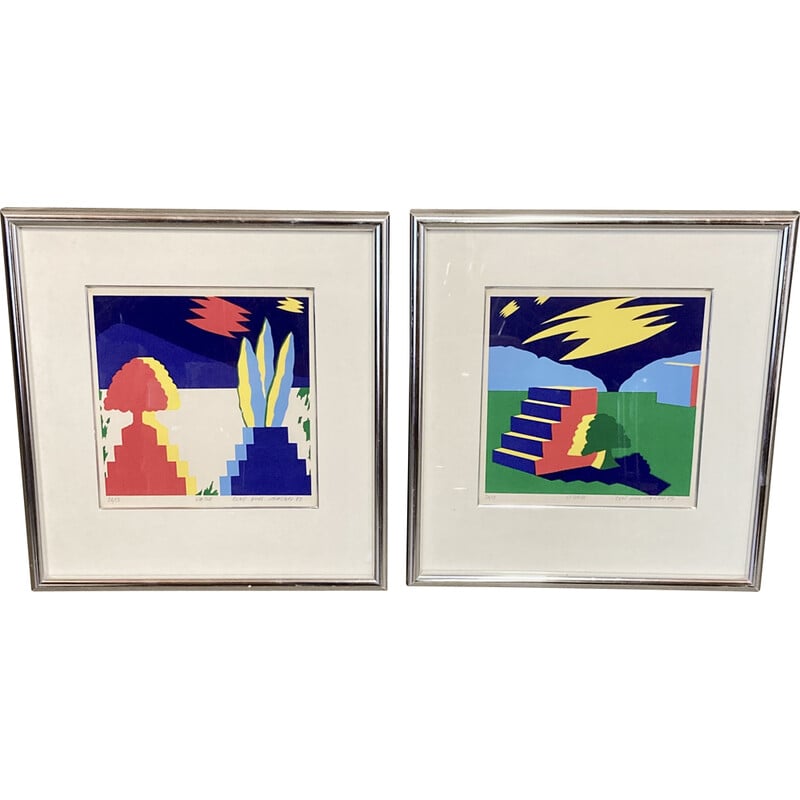 Paire de lithographies vintage de Bent Karl Jakobsen, 1989