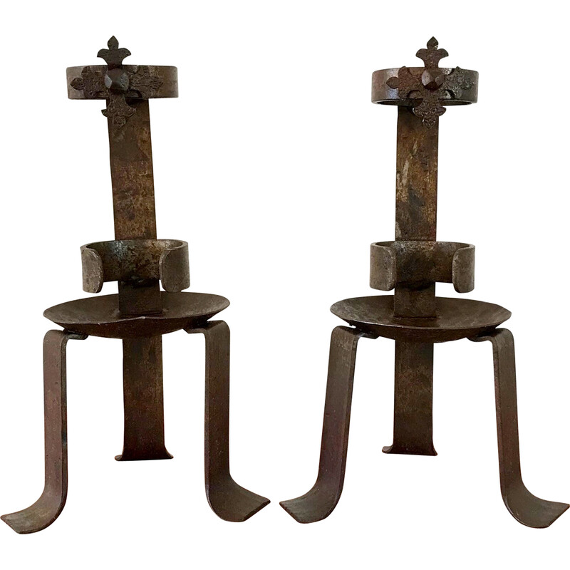 Pair of vintage Popular Art candlesticks in wrought iron, 1970