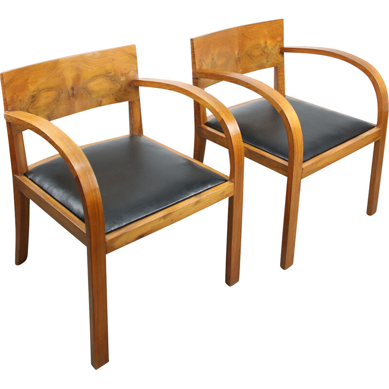 Pareja de sillones Art Decó vintage en madera y polipiel negra, Italia