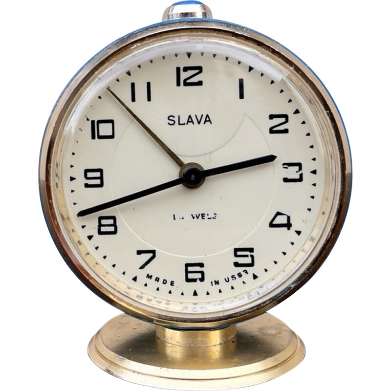 Vintage mechanical alarm clock in brass and glass for Slava, USSR 1960