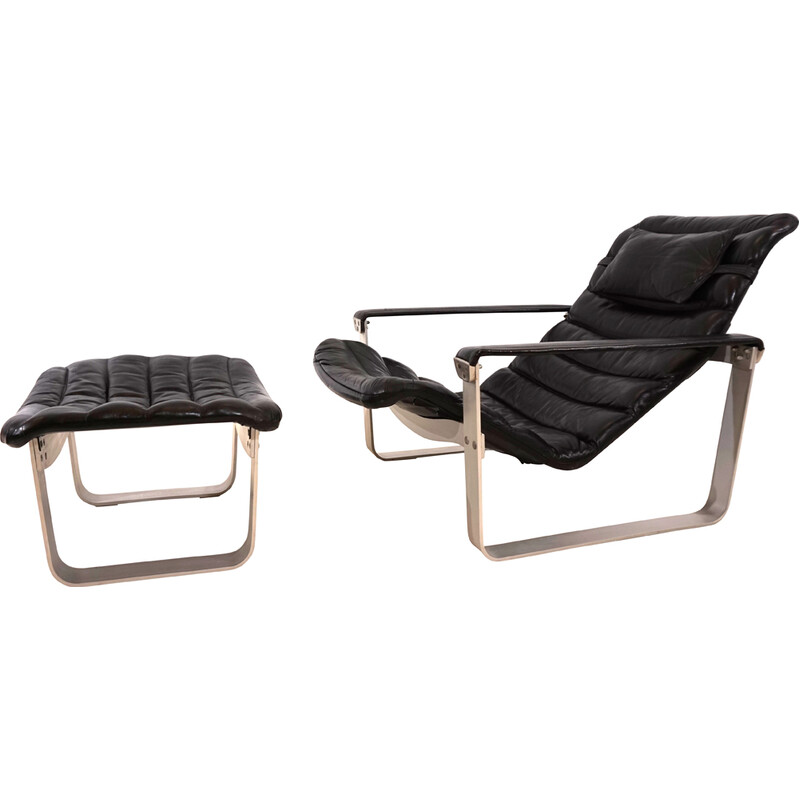 Vintage Pulkka armchair with black leather ottoman by Ilmari Lappalainen for Asko, Finland 1960