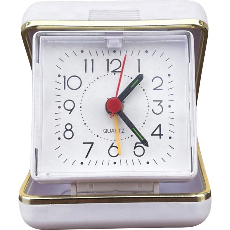 Vinage white travel alarm clock in plastic and brass, Germany 1990