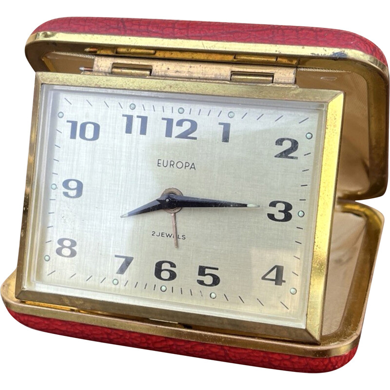 Vintage red mechanical travel alarm clock for Europa, Germany 1950