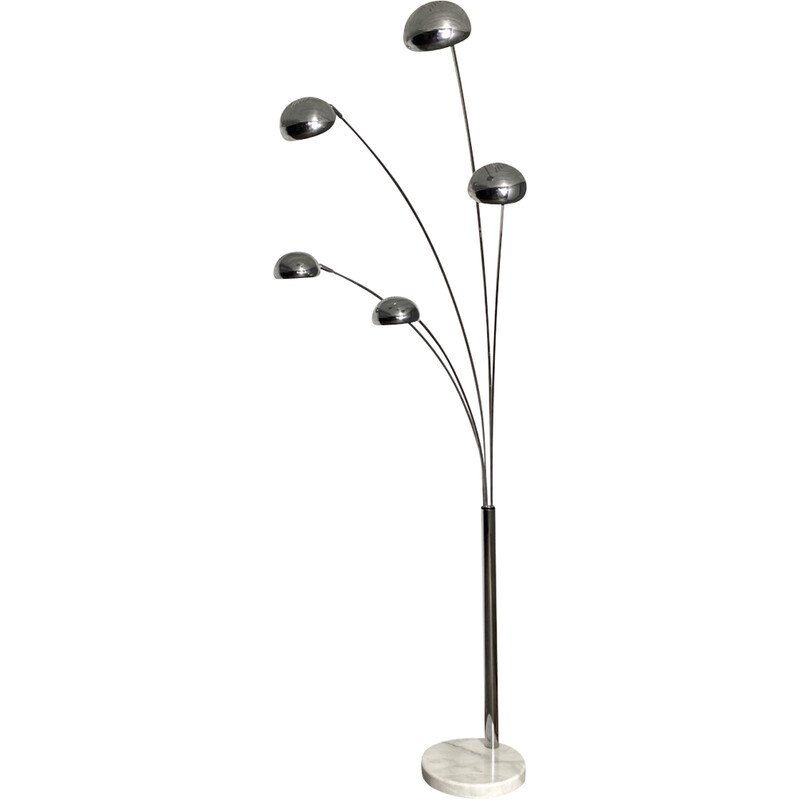 Vintage Space Age floor lamp in chrome metal and white marble with 5 arms by G.Reggiani, 1970