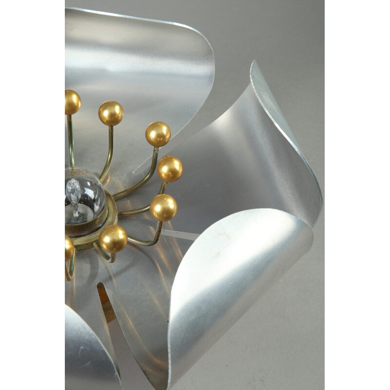 Flower wall lamp in chromed metal and brass - 1950