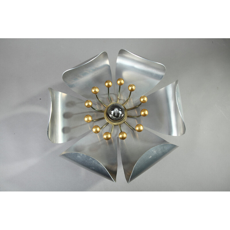 Flower wall lamp in chromed metal and brass - 1950