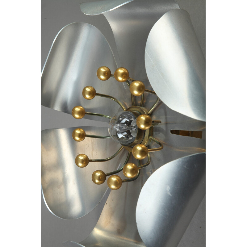 Flower wall lamp in chromed metal and brass - 1950