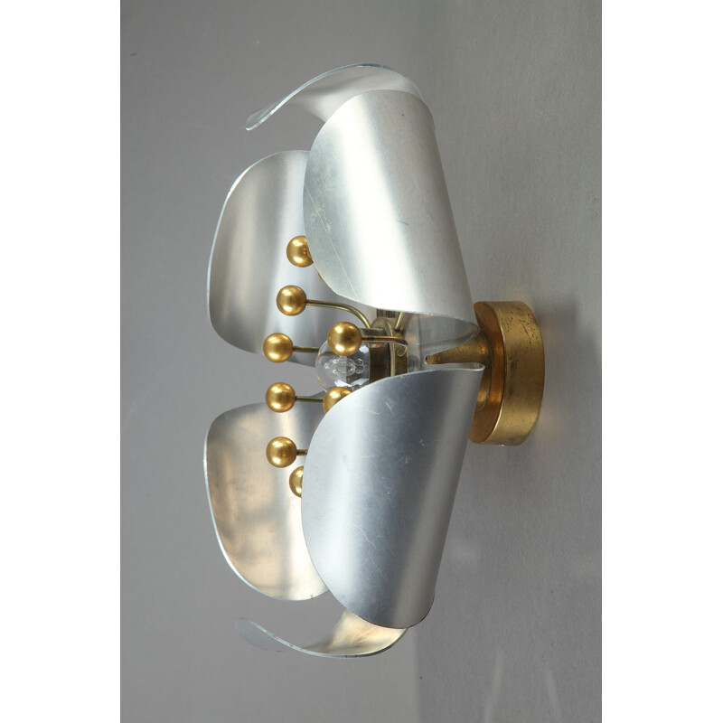 Flower wall lamp in chromed metal and brass - 1950