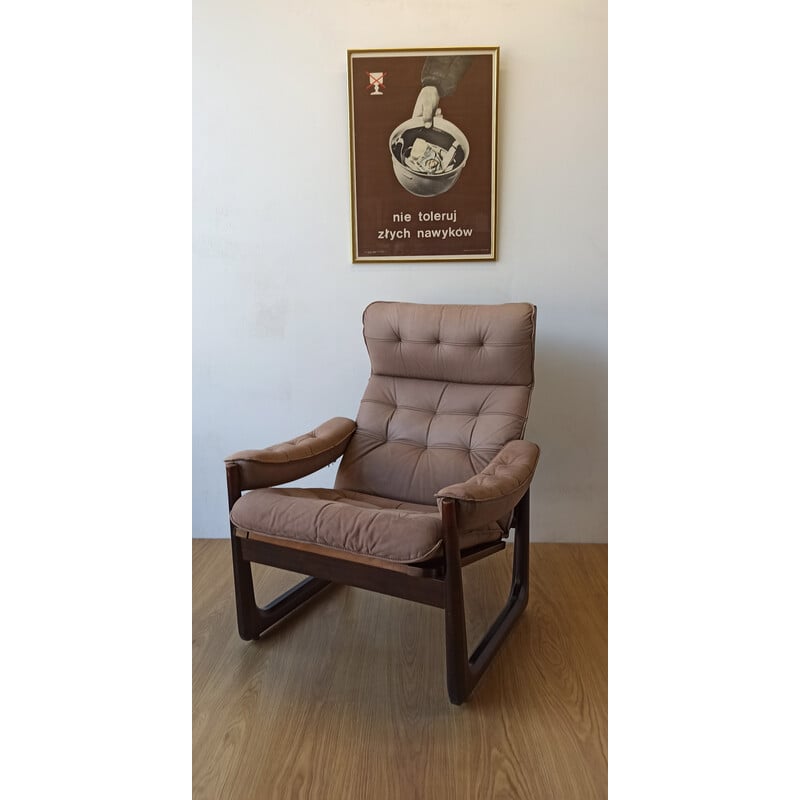 Vintage armchair in beech wood and leather for Genega Møbler, Denmark 1960
