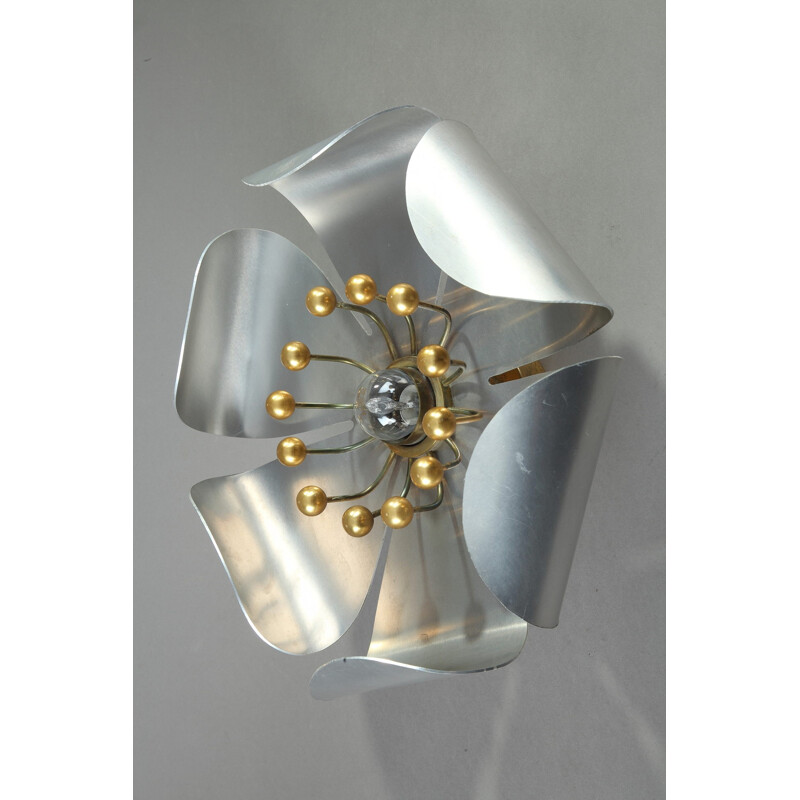 Flower wall lamp in chromed metal and brass - 1950