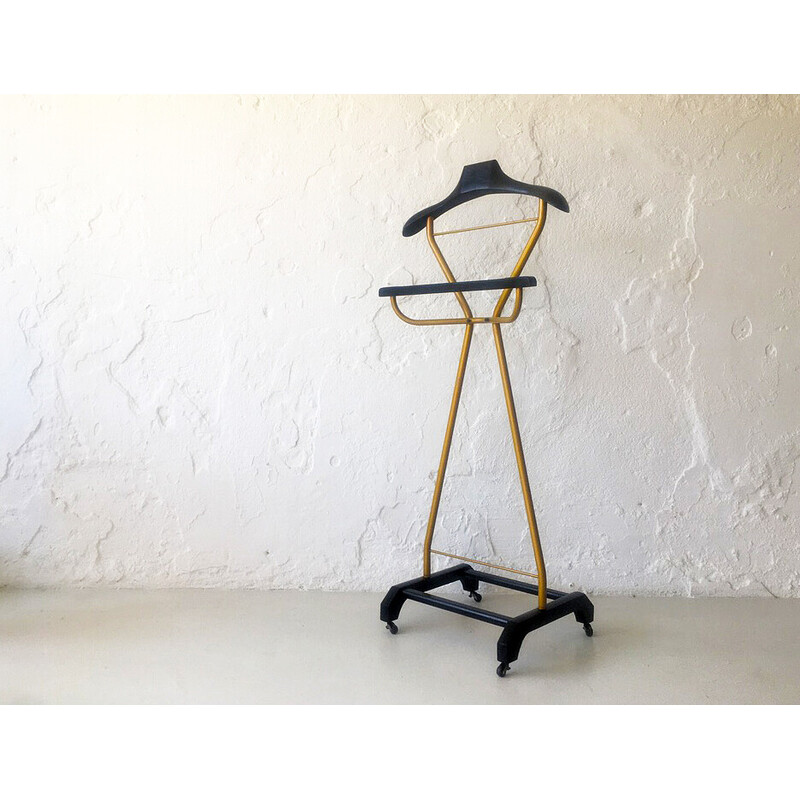 Vintage coat rack in gold metal and black wood for Valette, Italy 1960