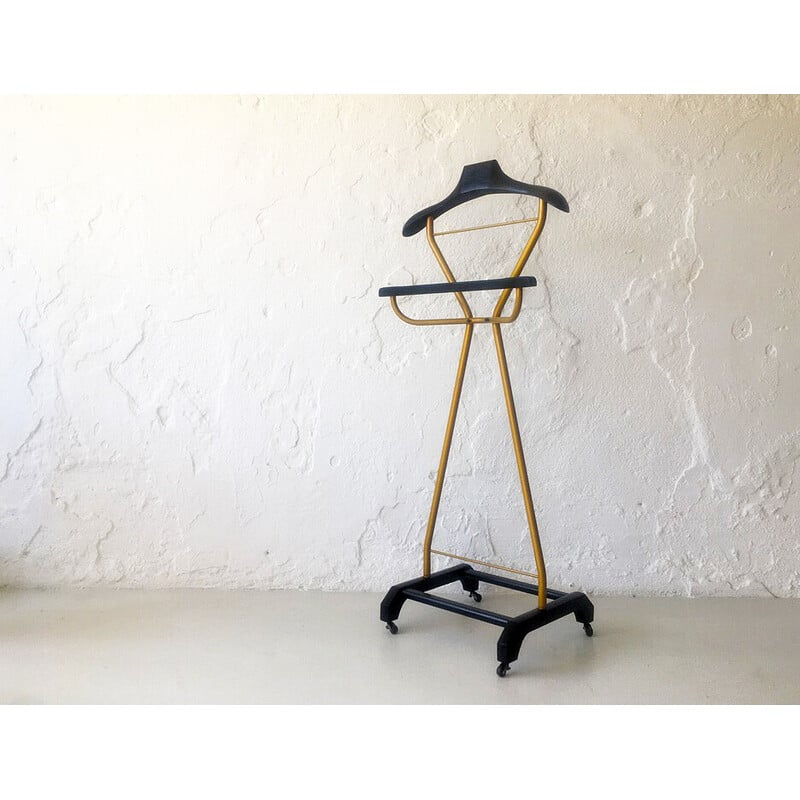 Vintage coat rack in gold metal and black wood for Valette, Italy 1960