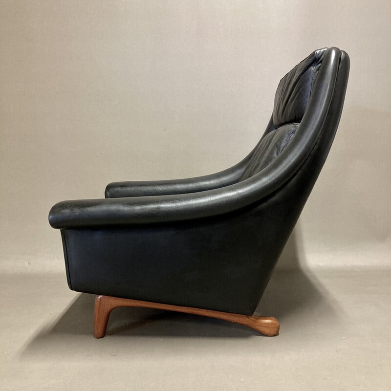 Paire de fauteuils vintage en teck et cuir noir par Aage Christiansen, 1950