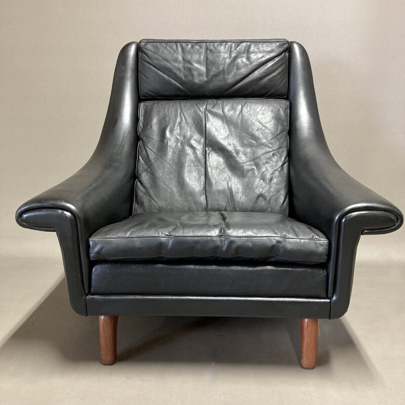 Pareja de sillones vintage de teca y cuero negro de Aage Christiansen, 1950