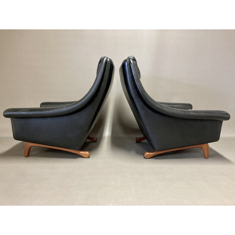 Pair of vintage teak and black leather armchairs by Aage Christiansen, 1950