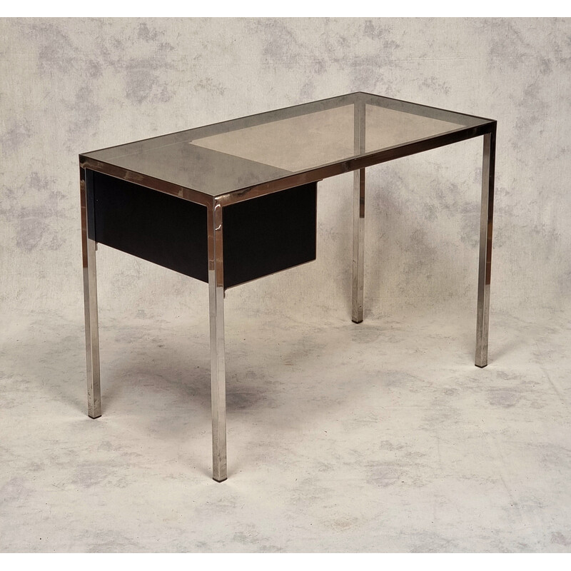 Vintage-Schreibtisch aus verchromtem Metall und Holz von Guy Lefèvre, 1970